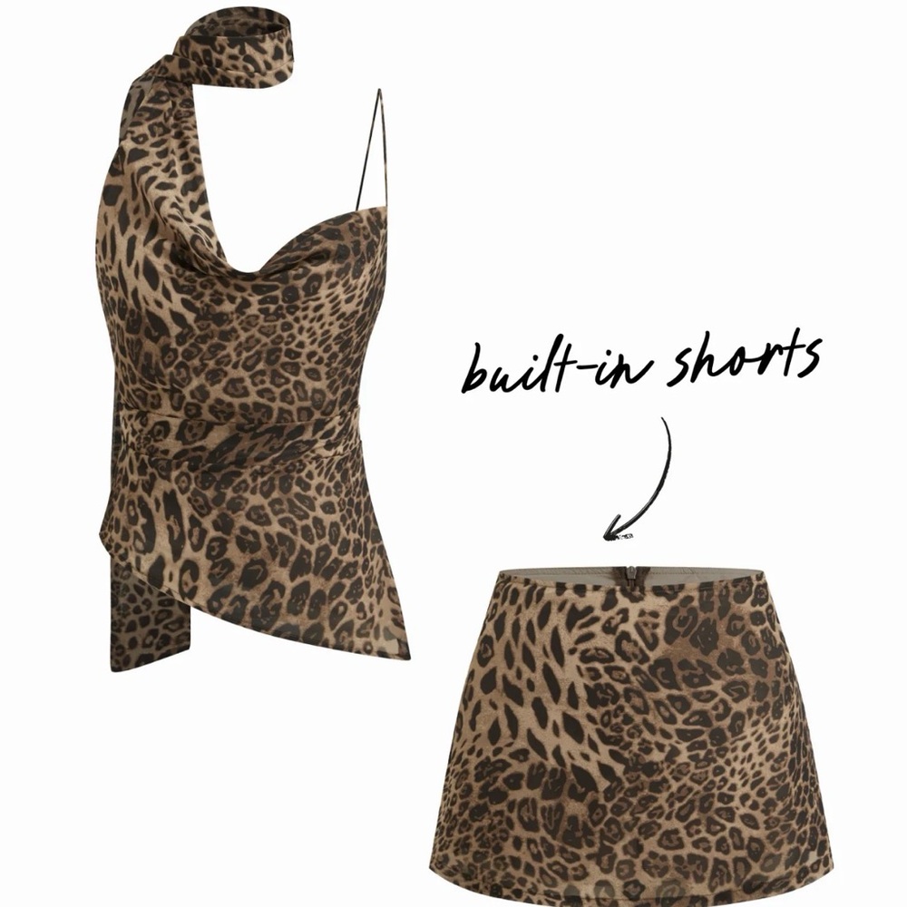 leopard top with scarf and skort set